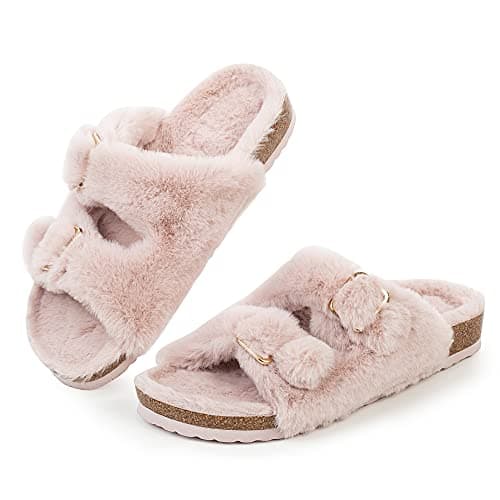 FITORY Womens Open Toe Slipper with Cozy Lining,Faux Rabbit Fur Cork Slide Sandals Pink Size 8.5