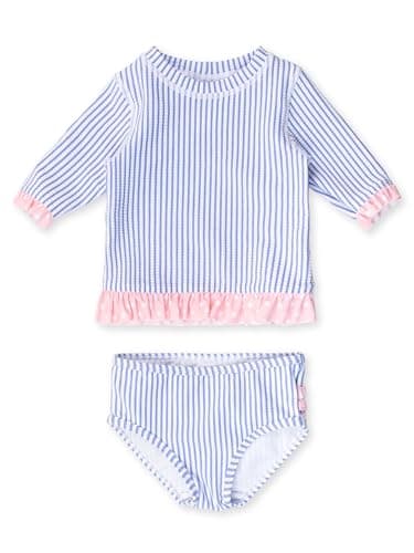 RuffleButts Baby/Toddler Girls UPF50+ Sun Protection Seersucker Short Sleeve Ruffle Rash Guard Bikini - Periwinkle Blue, 7