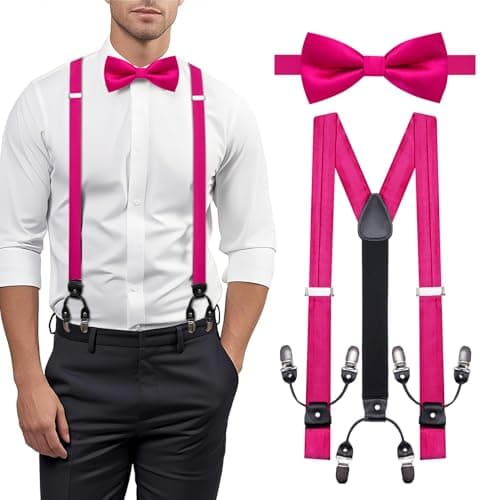 YOHOWA Mens Suspenders Set 6 Clips Strength Adjustable Y-Back Hot Pink Braces Pre-Tied Bow Tie Formal Wedding Party