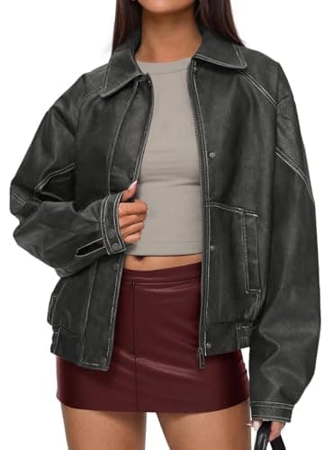 PRETTYGARDEN Leather Jacket Women Faux Oversized Coat,Grey,L