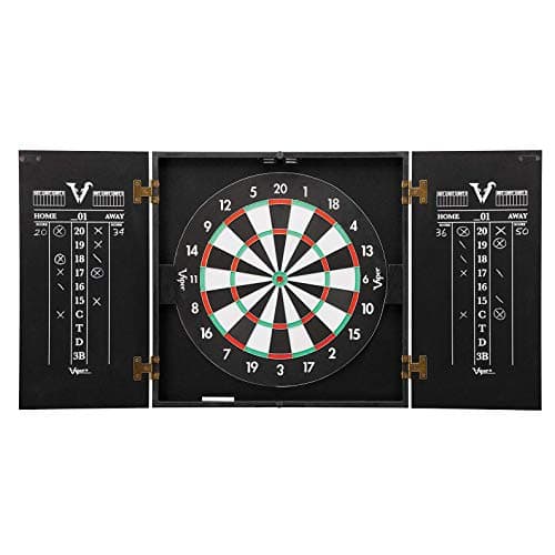 Viper Hideaway Dartboard Cabinet Set with Steel-Tip Dart Board, Reversible Board with Baseball Game Option, Two Sets of Darts, Chalk Scoreboards, and Matte Black Finish