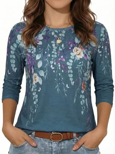 rosemia Womens Shirt 3/4 Sleeve Tops Crew Neck Loose Casual Tshirts Basic Tunic Tops