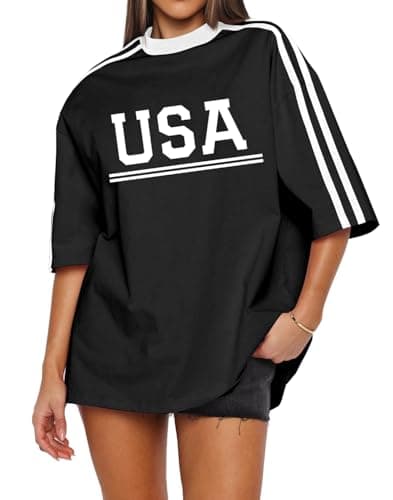 Dressmine Women's Short Sleeve Oversized USA Shirt Summer Graphic Tee Causal Round Neck T Shirt Trendy Print Patriotic Top Black XL
