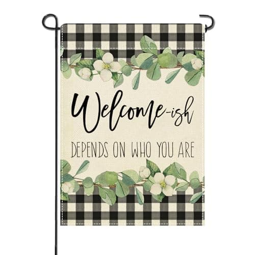 Artofy Welcome-ish Depends on Who You Are Small Decorative Garden Flag, Funny Family Buffalo Plaid Botanical Yard Lawn Outside Decor, Humorous Burlap Outdoor Home Decoration Double Sided 12 x 18