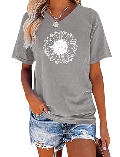 EADINVE Women's Short Sleeve V Neck Sunflower Graphic Printed Summer Tee Vintage T Shirt Cotton Tops Novelty Cool Shirt