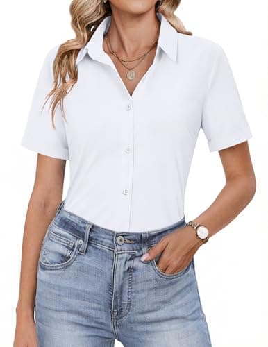 HOTOUCH Dress Shirts for Women White Short Sleeve Button Down Shirt Basic Button Up Shirt Collared Work Blouse Fitted Tops M