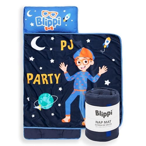 Jay Franco Kids Nap Mat Cartoon Embedded Pillow & Blanket – Soft 46"x20"Microfiber Sleeping Bag with Name Tag & Handle for School, Travel, Sleepover, Blue - Blippi