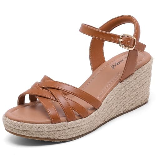 Ruiee Wide Width Wedges Sandals for Women, Summer Platform Espadrille Wedge Heels Comfort Wide Feet Sandal Casual Ankle Strap Dressy Womens Shoes.250509 Tan Size9.5