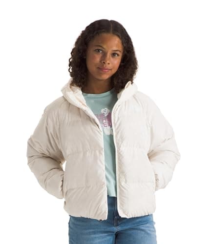 The North Face Girls' North Down Hooded Jacket | Water Repellent, 600 Fill Recycled Waterfowl Down, & Insulated Hood, White Dune, X-Small