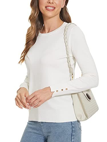 Spicy Sandia Women's Lightweight Crew Neck Sweaters Long Sleeve Dressy Casual Pullover Knit Tops 2024 Fall Trendy White L