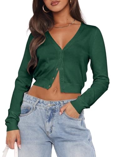 Ezbelle Crop Tops Women's V Neck Sweater Long Sleeve Button Down Tshirt Lady Trendy Knit Lightweight Coat Fall Mothers Cardigan Tops Dark Green XL