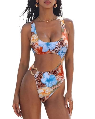 SUUKSESS Women Sexy One piece Tummy Control Swimsuit Cutout Backless Slimming Swimwear 2025 Cheeky Side O-Ring Bathing Suit (Leopard Floral,Medium)
