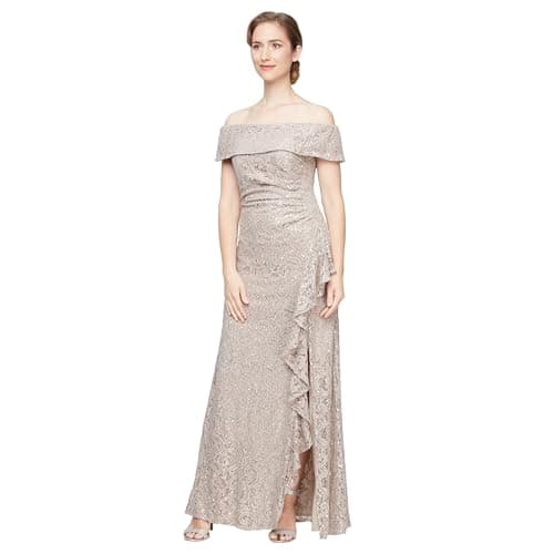Alex Evenings Women's Long Foldover Off The Shoulder Gown, Formal Event, Mother of the Bride Dress, Buff Lace, 14