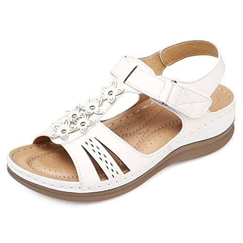 SHIBEVER Wedge Sandals for Women Dressy: White Size 11 Low Summer Platform Comfort Dress Sandal - Comfortable Walking Sandals - Comfy Flowers Flat Womens Sandal