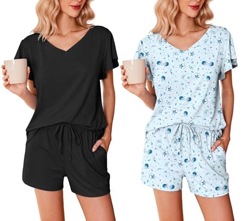 Ekouaer 2 Pack Women's Pajamas Set Soft Ruffle Sleeve Pjs Set Casual V Neck Lounge Set with Pockets,Black/Blue Stars,Large