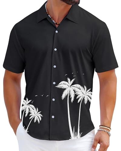 zeetoo Men's Hawaiian Shirts Short Sleeve Wrinkle Free Button Down Tropical Floral Holiday Beach Shirt Black Palm 2XL