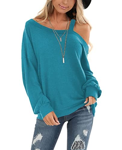 Ezbelle Long Sleeve Shirt for Women Off Shoulder Cold Fall Tops Knit Tshirt Layer Sexy Sweater Tunic Trendy Outfits Acid Blue XL