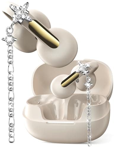 Open Ear Headphones with Dangling Star Jewelry Earrings, Wireless Bluetooth 6.0 Clip-on Earbuds, 50H Playtime, Comfortable Snug Fit, Chic Tech Accessories & Gifts for Women&Kids(Elegant Beige)
