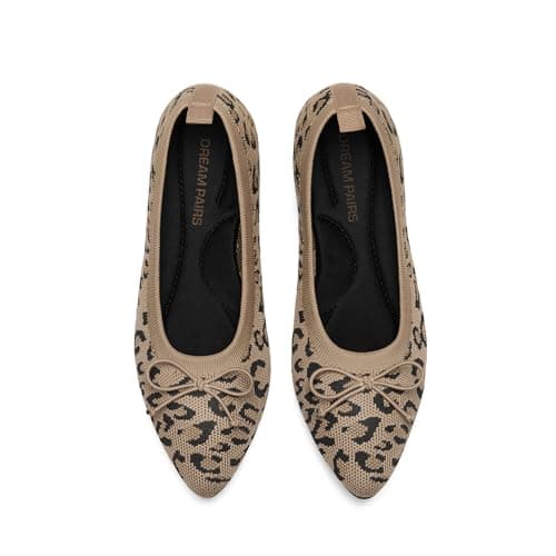 DREAM PAIRS Women's Ballet Knit Flats Foldable Pointed Toe Comfortable Dressy Flat Shoes with Bow-Knot Casual Business Work Office,Size 10,Leopard,DWUMFA2555