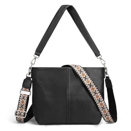VONAL Black Hobo Crossbody Bags for Women, Vegan Leather Purses Shoulder Handbags for women PU leather Tote Bags Everyday Purse Designer Leather Boho Hand bags with Adjustable Guitar Strap