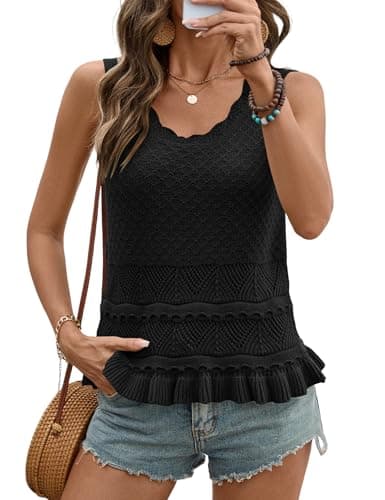 LOMON Crochet Tank Tops for Women Summer Sweater Vest Cute Cotton Beach Vacation Cover Ups Boho Trendy Resort Wear Country Concert Outfits (Black,L)