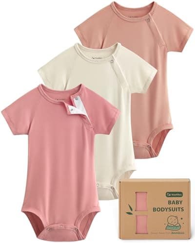 Yoofoss Baby Bodysuits Rayon Made From Bamboo, Soft Baby Short Sleeve Baby Boys Girls Clothes Breathable Newborn Infant Romper, 3 Pack, 12-18 Months, Apricot&Pink
