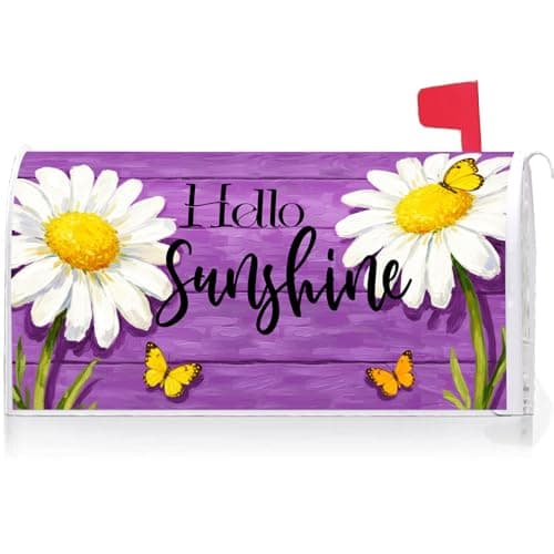Texupday Hello Sunshine Daisy Floral Mailbox Cover with Magnetic Strip Rustic Spring Summer Daily Mailbox Wraps Post Letter Box Cover Standard Size 21" X 18" for Garden Outdoor Yard Decor (Purple)