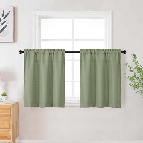 WelvetBLK Light Green Curtains Tier 24 Inch Length 2 Panels Set, Faux Linen Textured Light Filtering Short Cafe Curtains Drapes for Bathroom Basement Half Window, Rod Pocket Design, Each 30Wx24L Inch