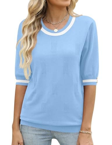 Kistore Short Sleeve Sweater for Women Lightweight Fall Sweaters Crewneck Knit Pullover Tops Blue White Colorblock L