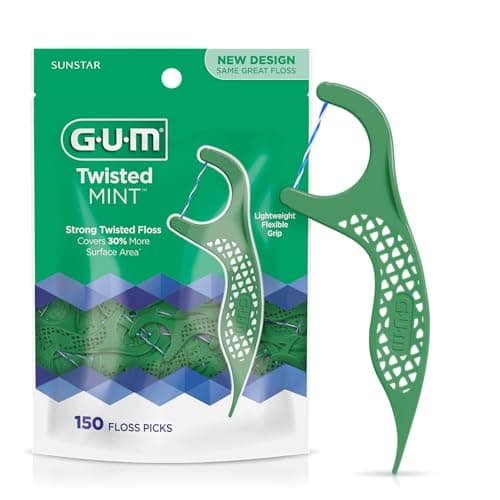 GUM Twisted Mint Floss Picks - Twisted Threads, Shred-Resistant Floss, Easy Grip Handle, 150 Count