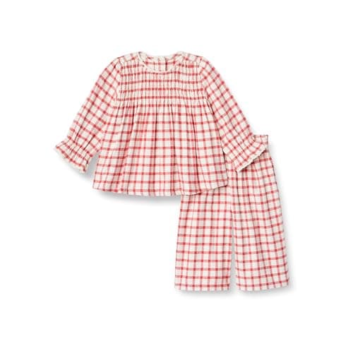 Amazon Essentials x Sofia Grainge Baby Girls' Long Sleeve Flannel Set, Ivory Raspberry Red Windowpane, 0-3 Months