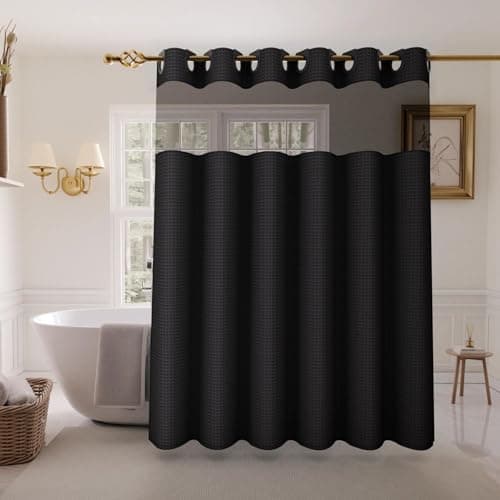 Inhousolu No Hook Shower Curtain with Snap-in Fabric Liner, Waffle Weave 230 GSM Polyester, Weighted Hem, Water Repellent Washable, Mesh Top Window 36" W x 72" L Black
