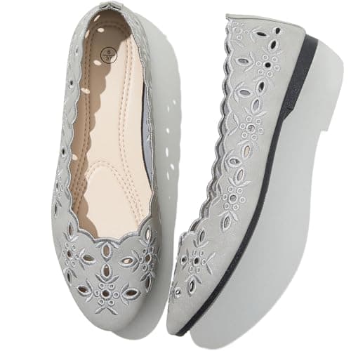 Shupua Flats for Women Ballet Flats Shoes Women’s Comfortable Dress Shoes Slip on Shoes Women Black Flats Round Toe PU Leather Flats Summer with Floral Eyelets(Light Grey.us7)