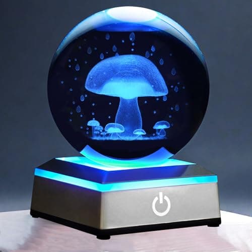 DCORIUNTG 3D Mushroom Crystal Ball Night Light with LED Colorful Touch Base, Multicolor Crystal, 3.15 Inch Mushroom Figurines, Table Lamp Decor Gifts for Kids Teens Women