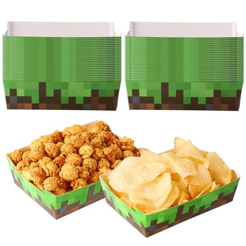 50pcs Pixel Party Food Trays, Brown and Green Theme Trays Practical Paper Food Snack Displaying and Storing Plates Supplies for Birthday Decorations Green Miner Theme Party Favors