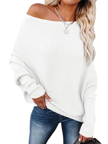 ANRABESS Womens Off Shoulder Sweaters 2026 Fall Long Batwing Sleeve Loose Fit Knit Tops Casual Pullovers Jumpers White X-Large