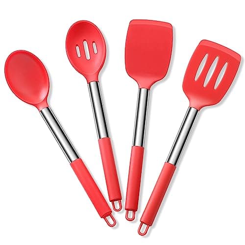 Cooking Utensils Set of 4, E-far Silicone Kitchen Utensils for Non-stick Cookware, Heat Resistant & Non-toxic Slotted Spatula Solid Spoon Turner for Flipping Mixing Serving Basting(Red)