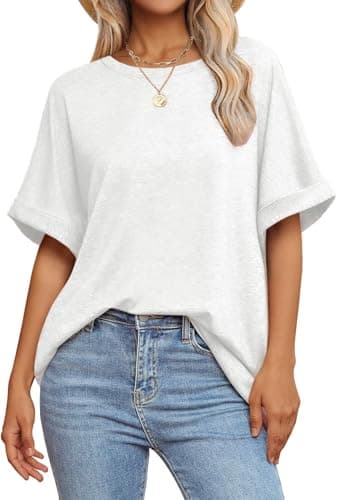 GKBK Womens Oversized T Shirts Crew Neck Short Sleeve Tops Spring Summer Business Dressy Casual Loose Fit Workout Work Basic Tee Blouse 2026 Beach Vacation Trendy Plus Size Clothes Outfit White XL