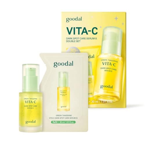 GOODAL Vitamin C Dark Spot Brightening Serum 1.01 fl oz (30ml) + Refill Pouch 1.01 fl oz (30ml) | 5% Niacinamide & Green Tangerine Exosome | Korean Facial Serum