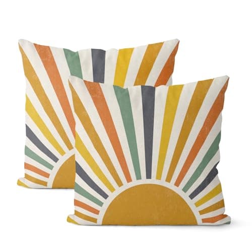 Summer Pillow Covers 24x24 Inch 2 Pcs Boho Mustard Yellow Sunshine Outdoor Decor Throw Pillows Stripes Rainbow Sun Farmhouse Holiday Decoration Pillowcase Linen Cushion Cover for Couch Sofa Bed