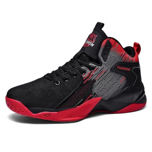 WELRUNG Women's Men's High Top Lightweight Fly-Weaving Basketball Shoes Outdoor Sports Running Tennis Sneakers Size 8/6.5 Black Red