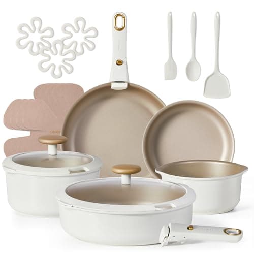 CAROTE 19 Pcs Pots and Pans Set, Nonstick Cookware Sets with Detachable Handle, Oven Safe, Cookware Non Stick Cooking Set w/Frying Pans & Saucepans White(PFOS, PFOA Free)