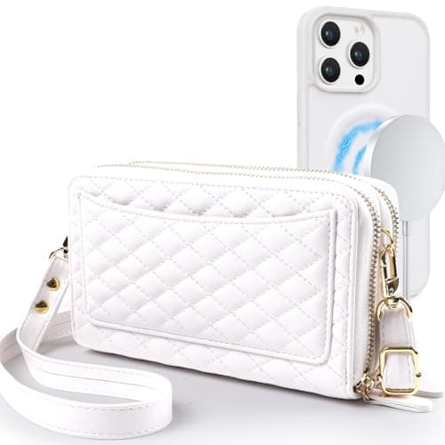 Harryshell Compatible with iPhone 16 Case Wallet Multi Zipper Detachable Removable Cover Purse with RFID Blocking Card Slots Holder Mirror Crossbody Strap (Compatible with Magsafe - White)