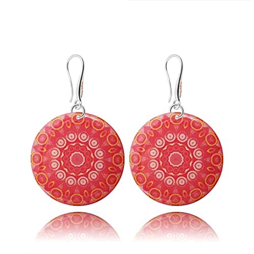 Boho Mandala Dangle Earrings for Women, Bold Statement Jewelry (34 - Round Coral Red)