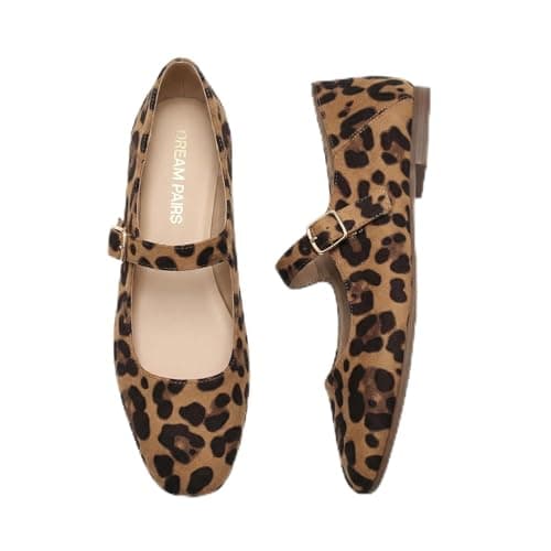 DREAM PAIRS Women's Square Toe Mary Jane Flats,Size 7,Leopard