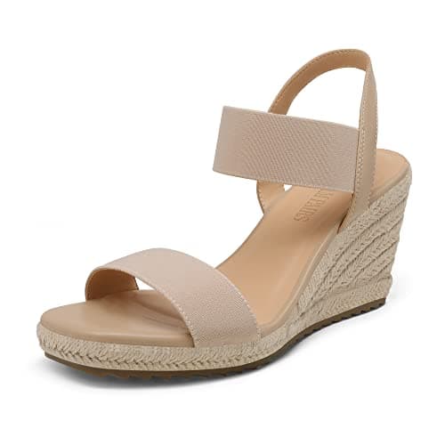 DREAM PAIRS Womens Open Toe Espadrilles Dressy Platform Sandals Slip on Elastic Ankle Strap Wedges Sandals SDPW222W Nude Size 5