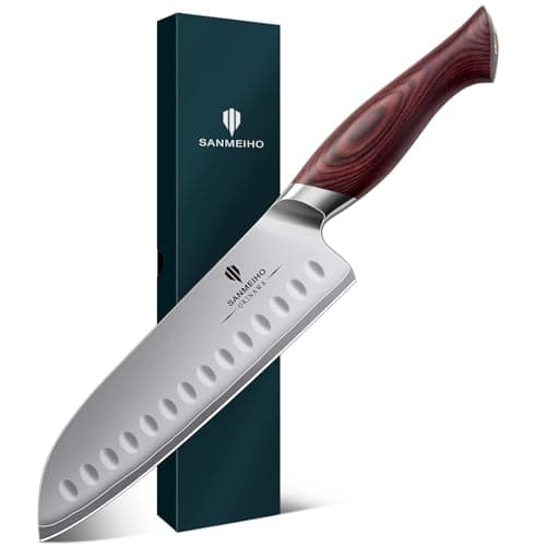 SANMEIHO 7 Inch Chef Knife, High Carbon Japanese 10Cr15Mov Stainless Steel Santoku Knife, Ultra Sharp Professional Kitchen Cooking Knife with Ergonomic Pakkawood Handle