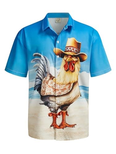 Hardaddy Men's Gongfu Rooster Chest Pocket Printed Short Sleeve Button Down Summer Casual Shirt Blue-8 3XL