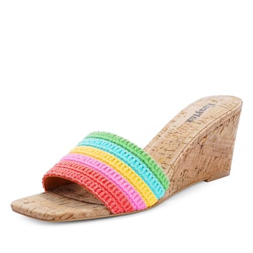 Easyfox Rainbow Wedge Sandals for Women Open Toe Wedge Heels Womens Heeled Sandal Square toe Wedge Mules Summer Dress Sandals Size 6