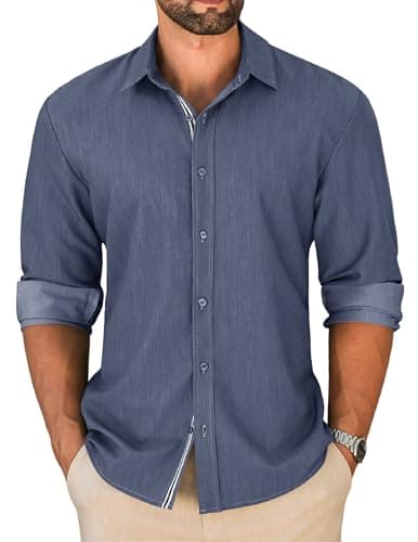 LETSEE Men's Button Down Dress Shirt Long Sleeve Untucked Business Casual Shirt Wrinkle Free Stretch Denim Texture